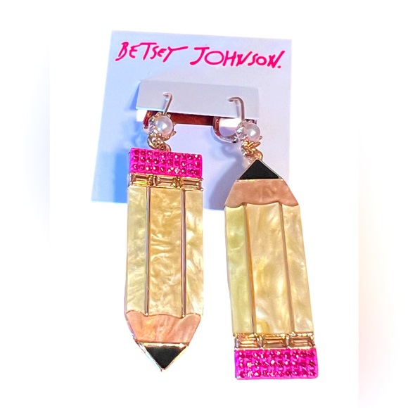 Betsey Johnson NWT Back to School Yellow Pink Gold Tone Drop Earrings (J023) - Picture 3 of 5